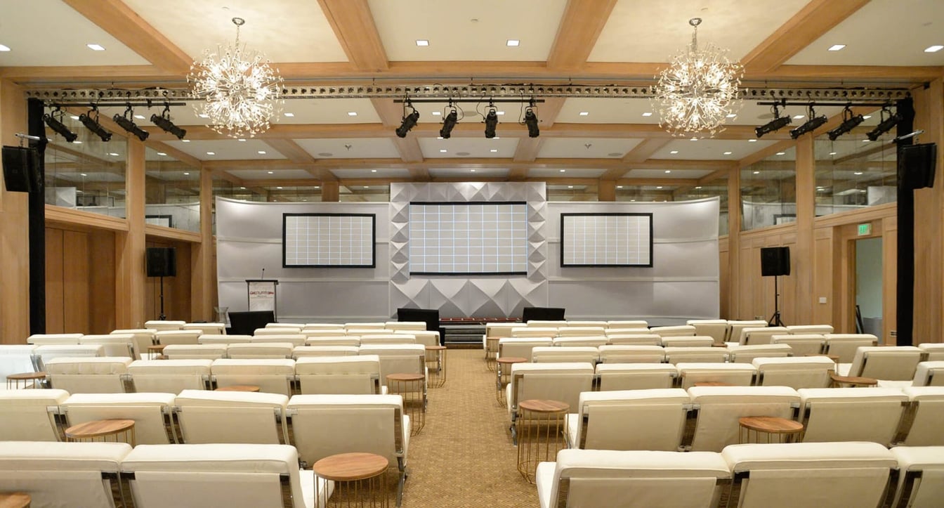 A meeting room with rows of white chairs, a stage, and screens on the wall.