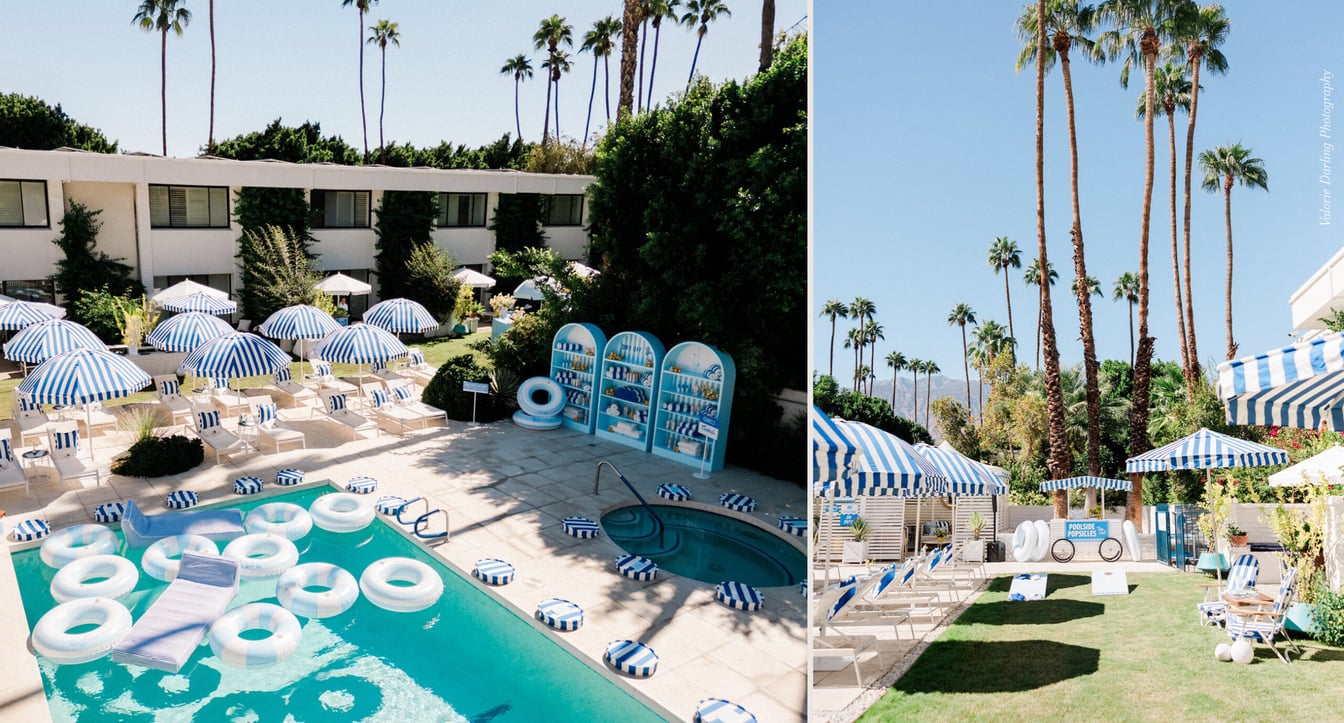 A collage of two photos showing a hotel pool area with lounge chairs, umbrellas, and palm trees.