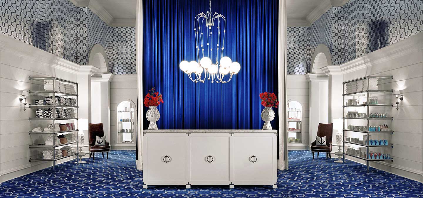 Glamorous nautical themed entrance to the spa at Parker, one of the best spa resorts in Palm Springs