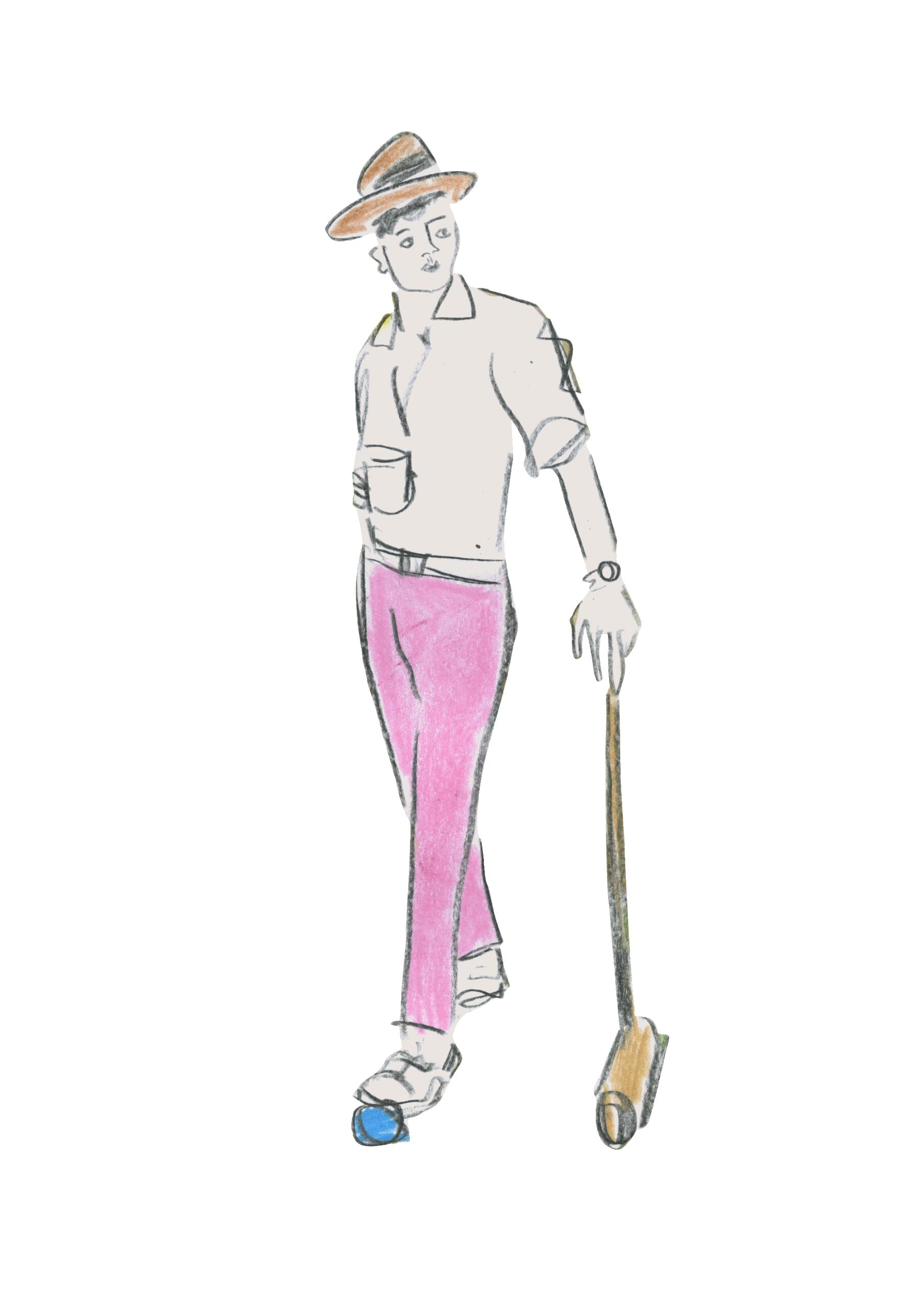 A person wearing a hat, white shirt, and pink pants leans on a croquet mallet, with one foot resting on a blue ball. They hold a cup and have a relaxed posture.